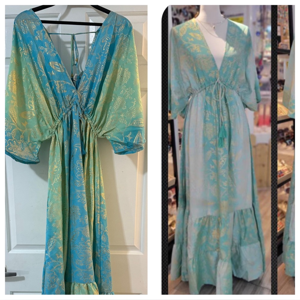 Bohemian Elegant Blue and Gold Women's Dress Silk